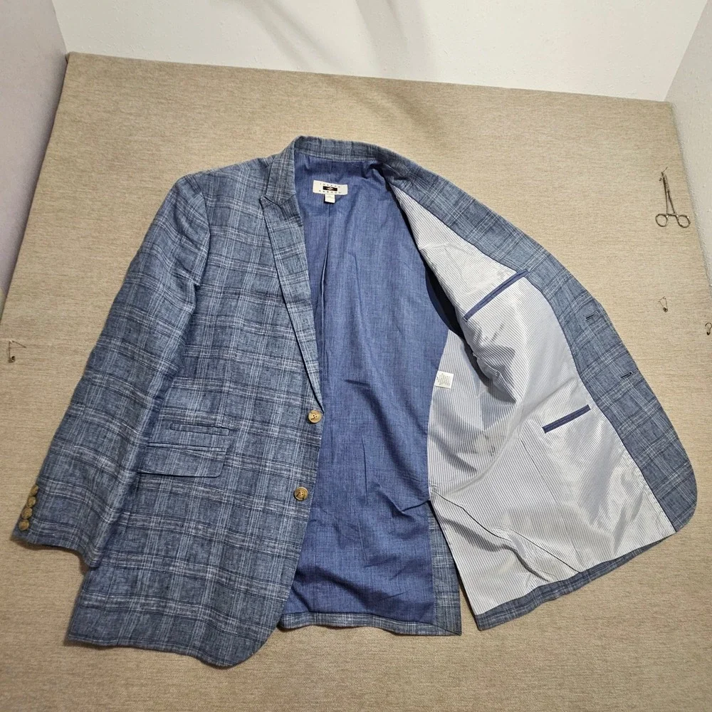Joseph Abboud Blazer XL Blue Plaid 100% Linen Two Button Sport Coat
